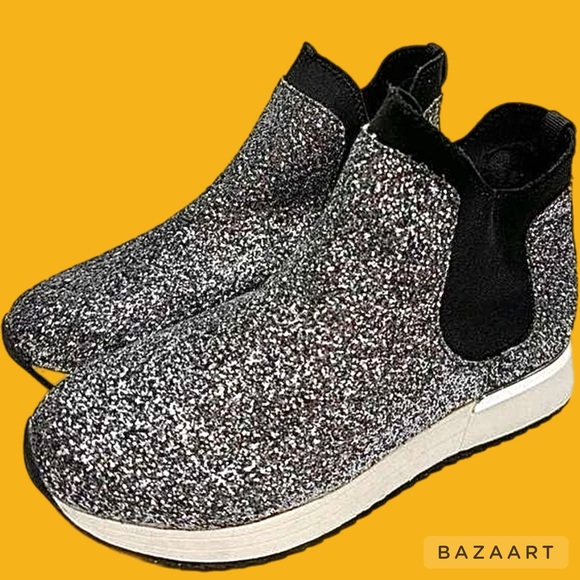 New SZ 8.5 KENNETH COLE REACTION Sneakers Womens Slip On black w/ silver glitter - Picture 6 of 10